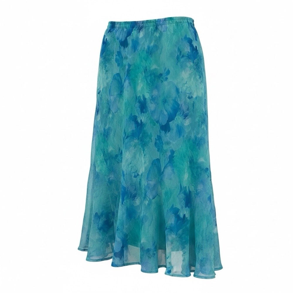 Dressbarn Chiffon Skirt Womens 20W Blue Green Watercolor Floral A-Line Lined
